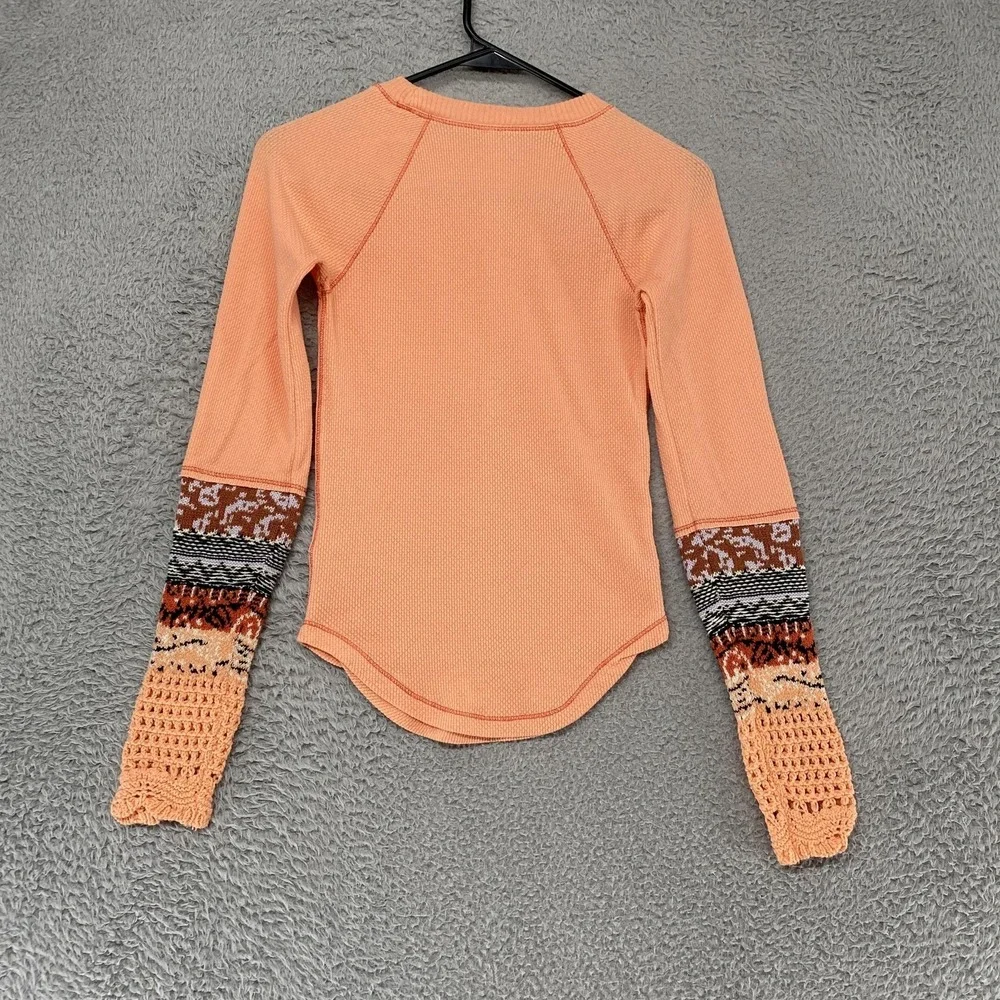 Free People Thermal Top‎ Womens XS Crochet Fair Isle Sleeve Cozy Waffle Boho